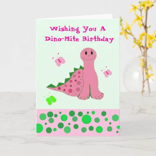 Cute Pink Dinosaur Kaart (Gele Bloem)