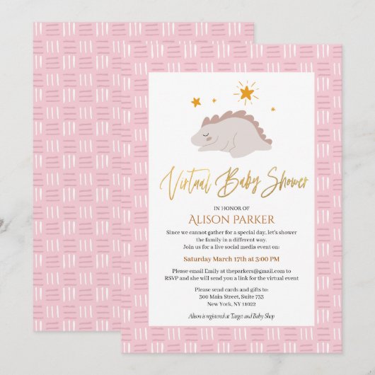 Cute Pink Dinosaur met Stars Virtual Baby shower Kaart (Voorkant / Achterkant)