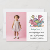 Cute Pink Dinosaur Photo Kids 2nd Birthday Party Kaart (Voorkant)
