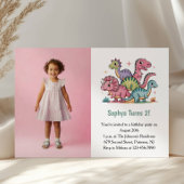 Cute Pink Dinosaur Photo Kids 2nd Birthday Party Kaart