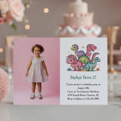 Cute Pink Dinosaur Photo Kids 2nd Birthday Party Kaart