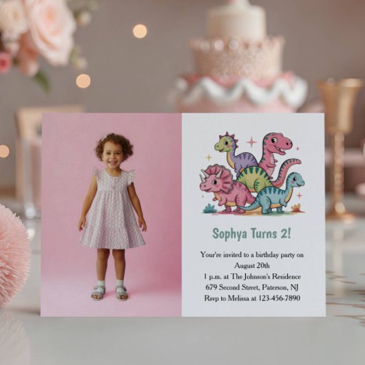 Cute Pink Dinosaur Photo Kids 2nd Birthday Party Kaart