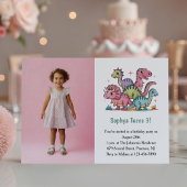 Cute Pink Dinosaur Photo Kids 3rd Birthday Party Kaart