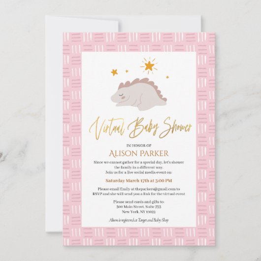Cute Pink Dinosaur Virtual Baby shower Kaart (Voorkant)