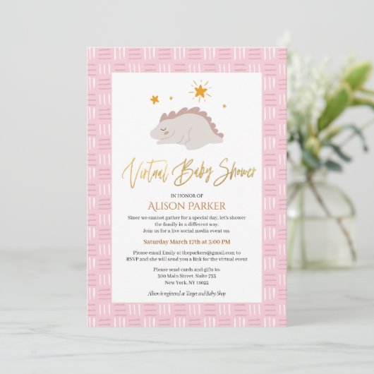 Cute Pink Dinosaur Virtual Baby shower Kaart (Staand voorkant)