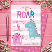 Cute Pink Dinosaurs Stomp Chomp Roar Girl Birthday