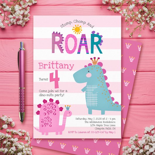 Cute Pink Dinosaurs Stomp Chomp Roar Girl Birthday Kaart
