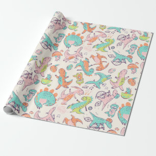 Cute Pink Dinosaurs Whimsical Patroon Cadeaupapier