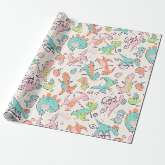Cute Pink Dinosaurs Whimsical Patroon Cadeaupapier (Uitgerold)