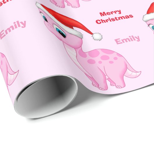 Cute Pink Dinosour met Santa Hat Cadeaupapier (Rol Hoek)