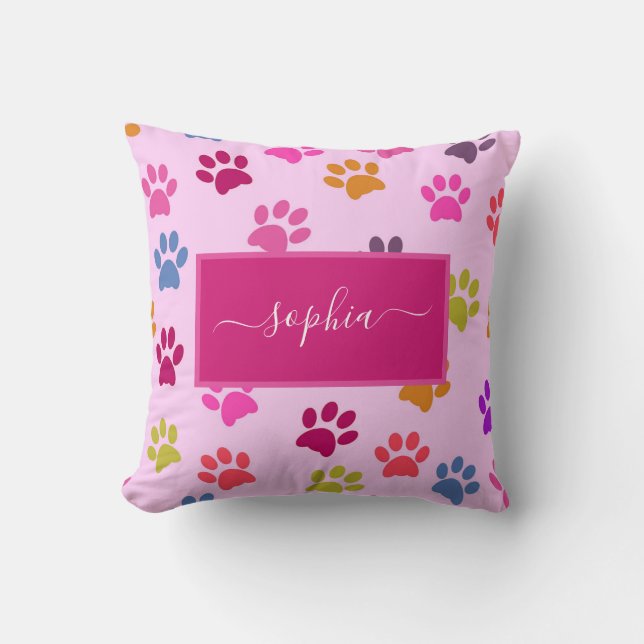 Cute Pink Dog and Cat Lovers Paw Prints Name Kussen (Voorkant)