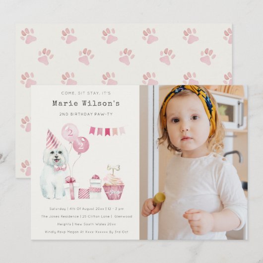 Cute Pink Dog Elke leeftijd Dag Foto Party nodigt  Bedankkaart (Voorkant / Achterkant)