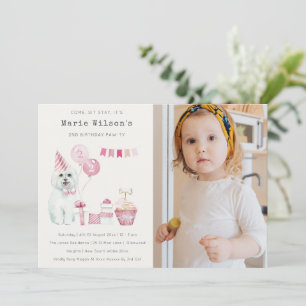 Cute Pink Dog Elke leeftijd Dag Foto Party nodigt  Bedankkaart