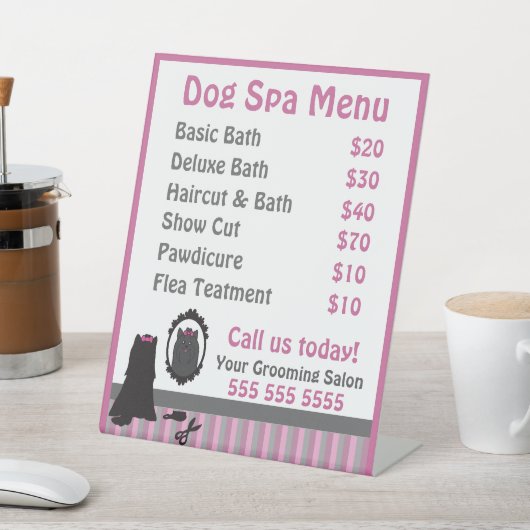 Cute Pink Dog Grooming Spa Menu Reclamebord Met Voetstuk (Insitu)