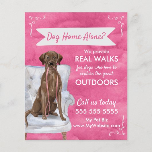 Cute Pink Dog Walker Flyer met Swirls en banner (Voorkant)