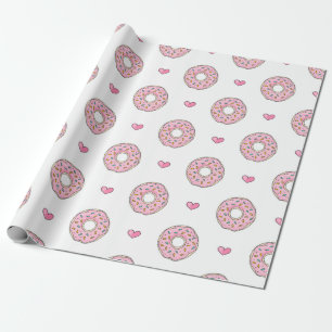 Cute Pink Donut and Hearts Pattern Cadeaupapier