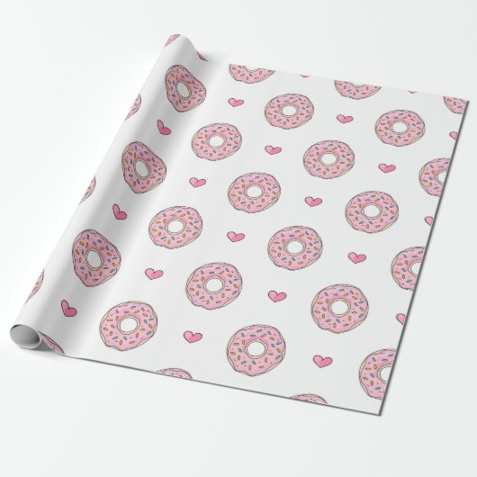 Cute Pink Donut and Hearts Pattern Cadeaupapier (Uitgerold)