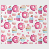 Cute Pink Doughnuts and Cupcakes on White Cadeaupapier (Vlak)