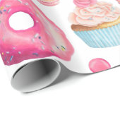 Cute Pink Doughnuts and Cupcakes on White Cadeaupapier (Rol Hoek)