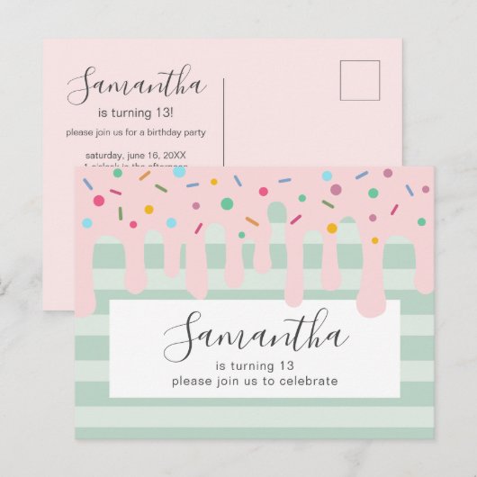 Cute Pink Drip Sprinkle Birthday Party Uitnodiging Briefkaart (Voorkant / Achterkant)