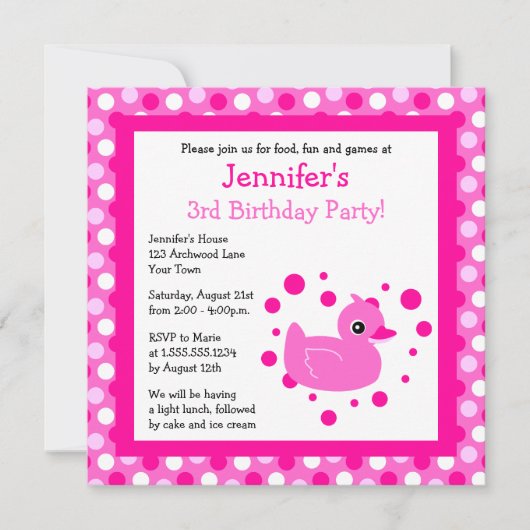 Cute Pink Ducky met Polka Dots Birthday Invite Kaart (Voorkant)