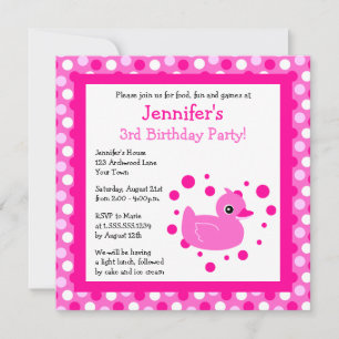 Cute Pink Ducky met Polka Dots Birthday Invite Kaart