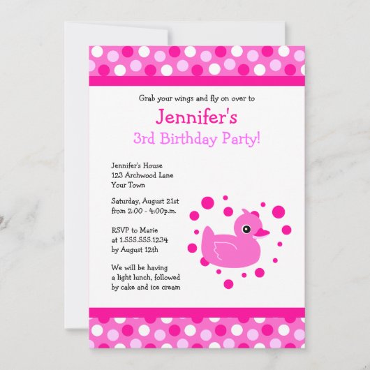Cute Pink Ducky met Polka Dots Birthday Invite Kaart (Voorkant)