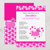 Cute Pink Ducky met Polka Dots Birthday Invite Kaart (Voorkant / Achterkant)