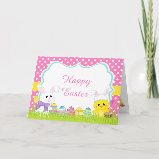 Cute Pink Easter Bunny and Chick Easter Hunt Feestdagen Kaart (Voorkant)