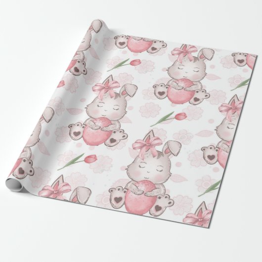 Cute Pink Easter Bunny Cadeaupapier (Uitgerold)