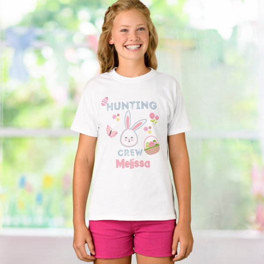 Cute Pink Easter Bunny Hunting Crew Name T-shirt