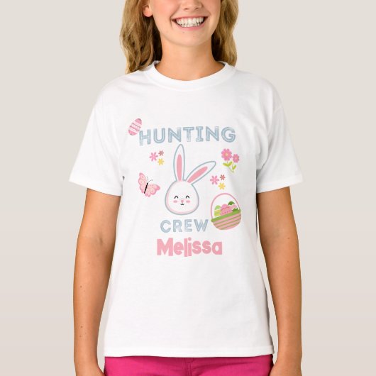 Cute Pink Easter Bunny Hunting Crew Name T-shirt (Voorkant)