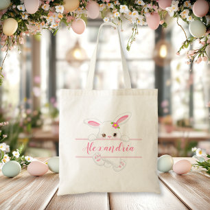 Cute Pink Easter Bunny Personalized Girl Tote Bag