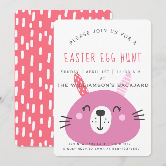 Cute Pink Easter Bunny | Uitnodiging Egg Hunt (Voorkant / Achterkant)