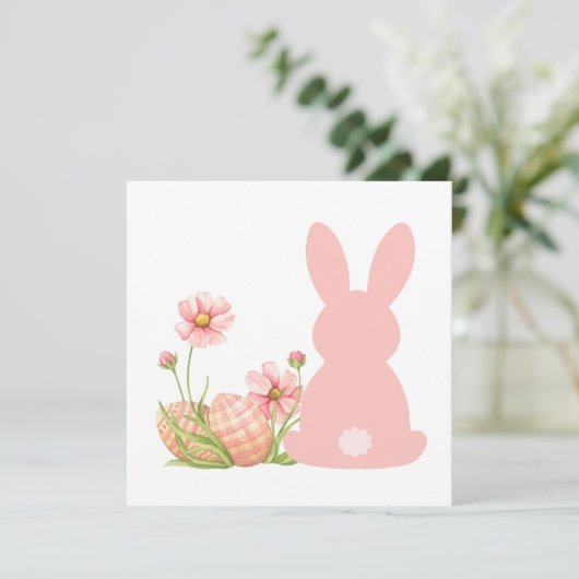 Cute Pink Easter Bunny with Spring Flowers Bedankkaart (Staand voorkant)