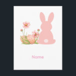 Cute Pink Easter Bunny with Spring Flowers  Briefkaart<br><div class="desc">A charming watercolor-style illustration of a pink bunny silhouette surrounded by beautiful spring flowers and patterned Easter eggs. Perfect for kids,  Easter celebrations,  and spring lovers.</div>