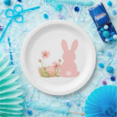 Cute Pink Easter Bunny with Spring Flowers Papieren Bordje (Feest)