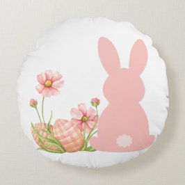 Cute Pink Easter Bunny with Spring Flowers Rond Kussen