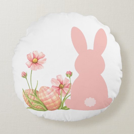Cute Pink Easter Bunny with Spring Flowers Rond Kussen (Voorkant)
