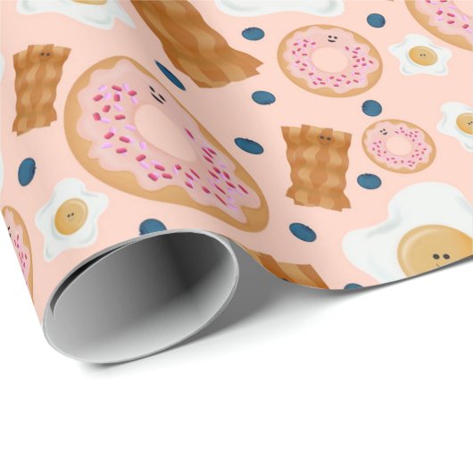 Cute Pink Eggs Bacon Donuts Seamless Cadeaupapier (Rol Hoek)