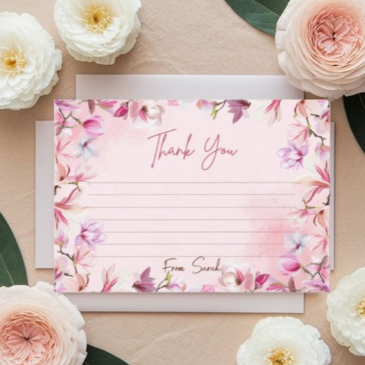 Cute Pink Elegant Floral Watercolor Bedankkaart