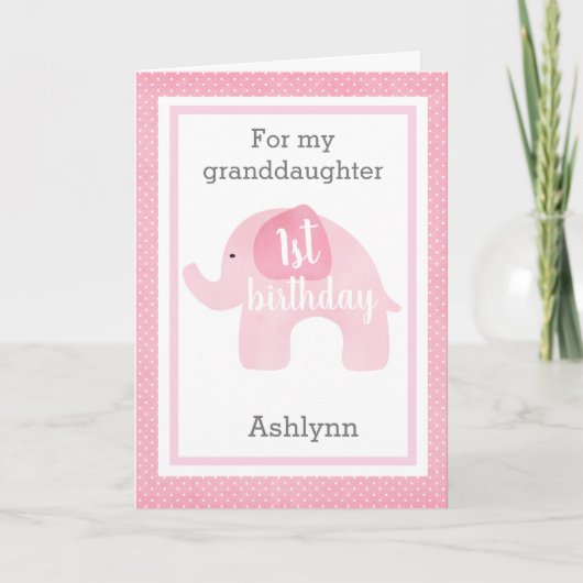 Cute Pink Elephant 1st Birthday Granddaughter Kaart (Voorkant)
