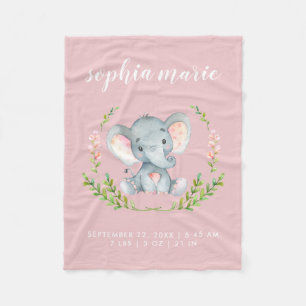 Cute Pink Elephant Baby Girl Birth Stats Fleece Deken