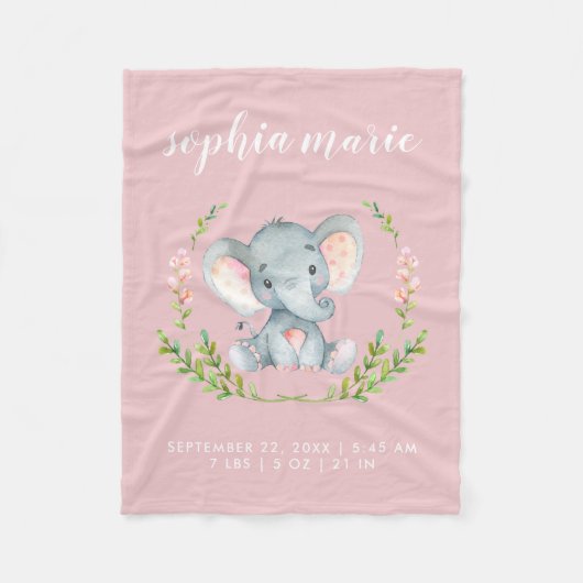 Cute Pink Elephant Baby Girl Birth Stats Fleece Deken (Voorkant)