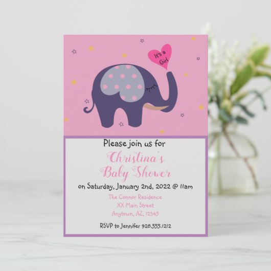 Cute Pink Elephant Baby Girl Shower Kaart (Staand voorkant)