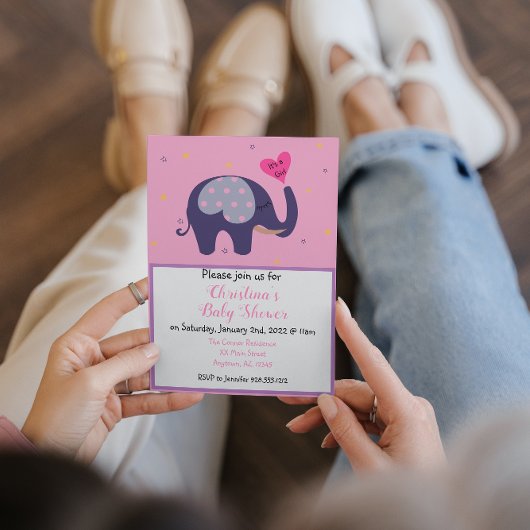 Cute Pink Elephant Baby Girl Shower Kaart