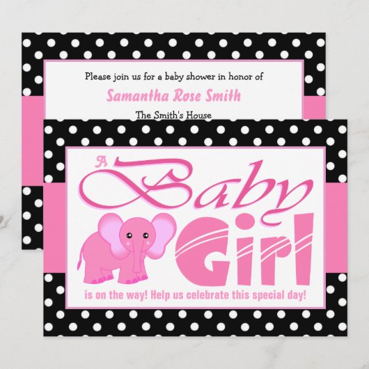 Cute Pink Elephant Black Polka Dots Baby shower Kaart (Voorkant / Achterkant)