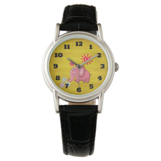 Cute Pink Elephant Doodle Sniffing Daisies Horloge (Voorkant)