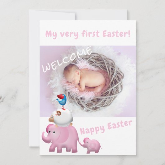 Cute Pink Elephant Easter Welkom Foto Baby geboort Aankondiging (Voorkant)