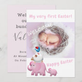 Cute Pink Elephant Easter Welkom Foto Baby geboort Aankondiging (Voorkant / Achterkant)